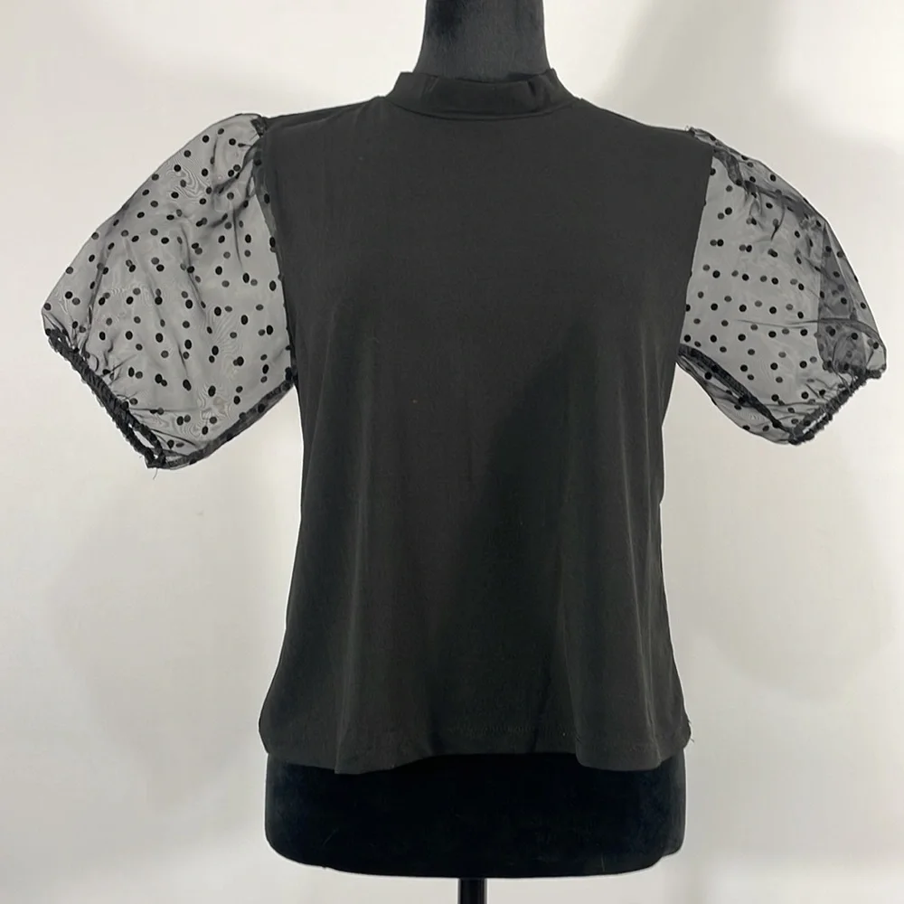 Black embellished Sheer polka dot short sleeves Top, Size Small - Picture 8 of 8